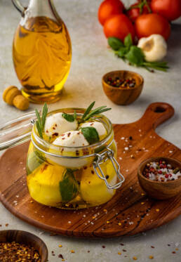 Photo of marinated mozzarella by Marcel Lecours.